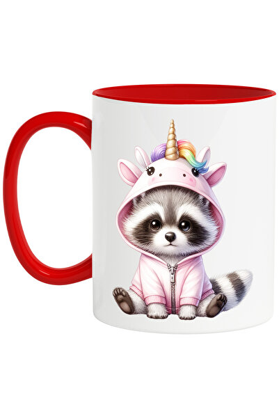 StoryGift Romania Cana cu un raton micut in costum de unicorn | ilustratie | deghizat | hanorac | , Cu Maner Rosu