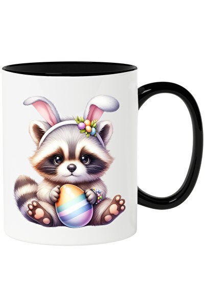 StoryGift Romania Cana cu un pui de raton care tine un ou vopsit | ilustratie | urechi de iepuras , Cu Maner Negru