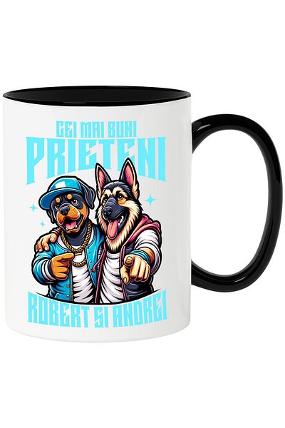 StoryGift Romania Cana cu Caine Rottweiler Si Ciobanesc German Imbratisare Text Cei Mai Buni Priet, Cu Maner Negru