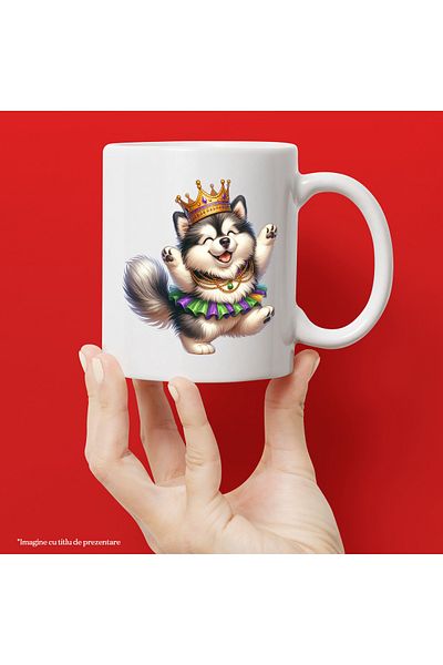 StoryGift Romania Cana cu un catel care danseaza fericit, ilustratie, coroana, lantisoare de aur, , Cu Maner Alb