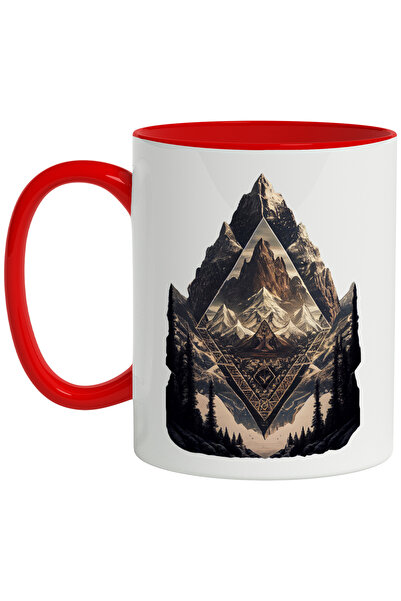 StoryGift Romania Cana Cu Munte, Abstract, Brazi, Altar, Viking, Fantasy, Multicolor 330 ml, Ceram, Cu Maner Rosu