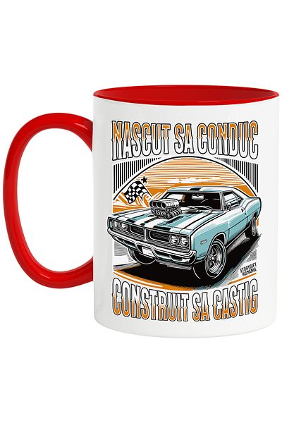 StoryGift Romania Cana construit sa castig nascut sa conduc masina vintige viteza, 330ml, Ceramic , Cu Maner Rosu