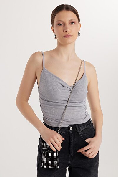 Tudors Kadın Slim Fit Dar Kesim İnce Askılı Gri Bluz