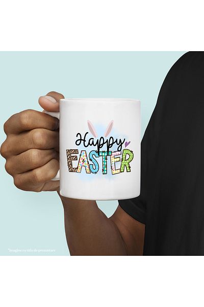 StoryGift Romania Cana cu mesajul "Happy Easter", Paste fericit, ilustratie, sarbatori pascale, ur, Cu Maner Alb