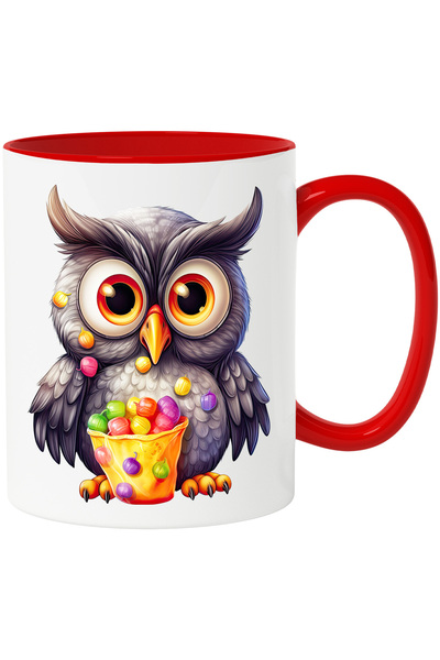 StoryGift Romania Mug with a cheerful owl | illustration | big eyes | candy | nocturnal bird |, With Red Handle