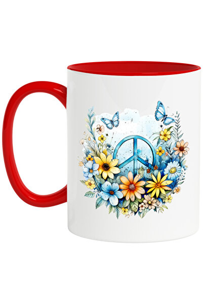 StoryGift Romania Cana cu semnul pacii, stilul hippie, cultura, ilustratie, psihedelic, flori dive, Cu Maner Rosu