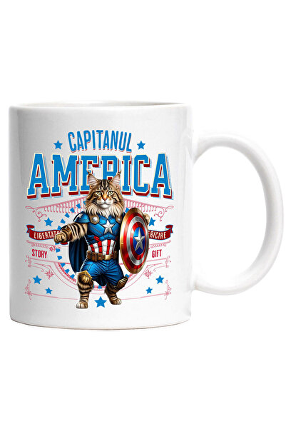 StoryGift Romania Maine Coon Cat Mug in Captain America Costume with Cape, Night Hero, with White Handle