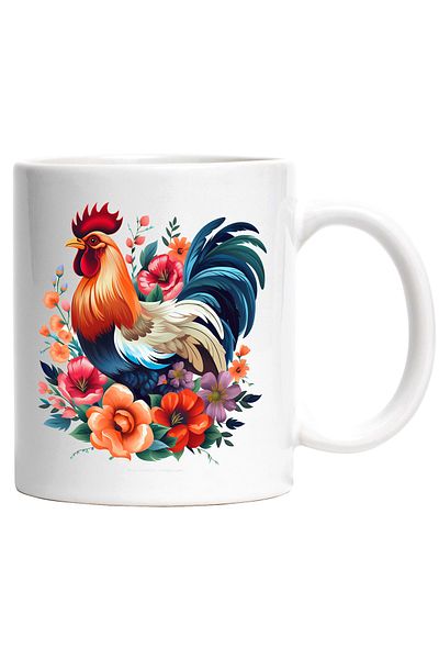 StoryGift Romania Mug with a rooster that has many flowers around it | nature | plants | bird | 330ml, With White Handle