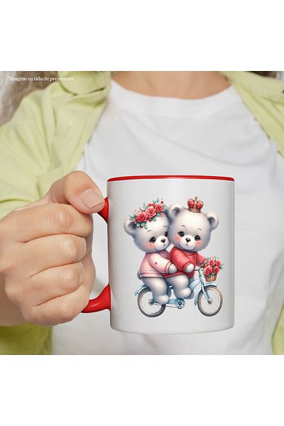 StoryGift Romania Mug with a bear and a bear riding a bike | illustration | wreath, With ,STG