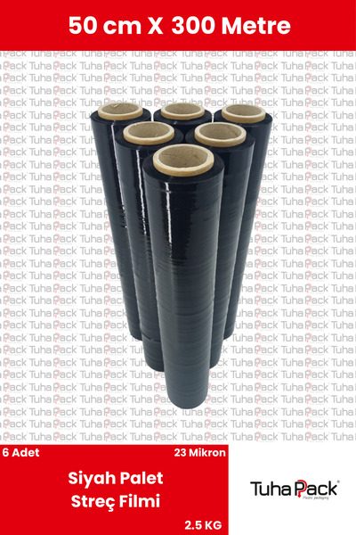 tuhapack plastic packaging Streç Film 50cm X 300m 6 Adet, Siyah, 23 Mikron, 2...