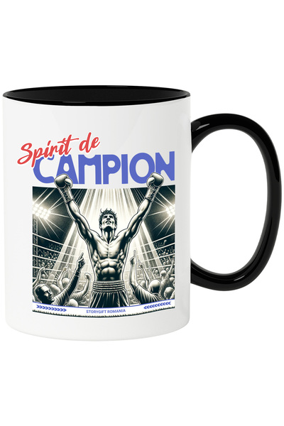 StoryGift Romania Cana Barbat castigator meci de box, munca, spirit de campion, 330ml, Ceramica c, Cu Maner Negru