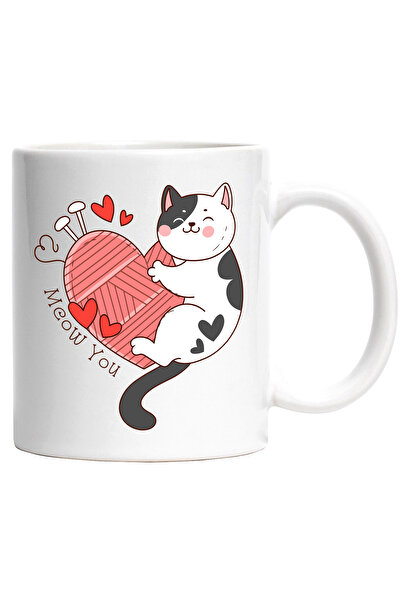 StoryGift Romania Cana cu pisica care se tine de un ghem in forma de inima cu mesajul "Meow you", , Cu Maner Alb