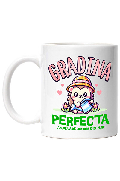 StoryGift Romania Cana cu Arici Cu Palarie Roz Stropitoare Flori Colorate Text Gradina Perfecta Am, Cu Maner Alb