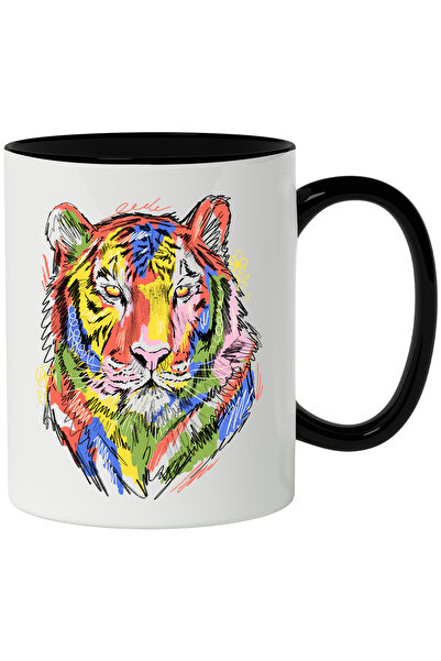 StoryGift Romania Cana Cu Cap De Tigru, Ilustratie Abstracta, Doodle, Floare, Multicolor 330 ml, C, Cu Maner Negru