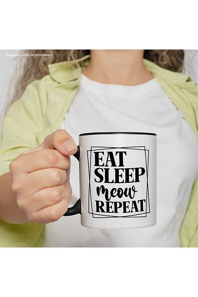 StoryGift Romania Mug with the text "Eat sleep, meow, repeat" - eat sleep meow repeat cat with , With ,STG