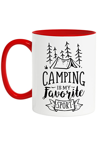 StoryGift Romania Cana cu un cort in padure si textul "Camping is my favorite sport" pentru iubito, Cu Maner Rosu