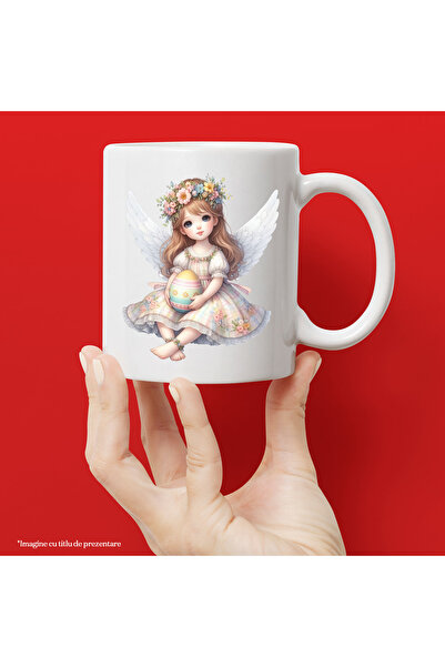 StoryGift Romania Cana cu o fetita cu aripi de ingeras, ilustratie, rochita inflorata, tine un ou , Cu Maner Alb