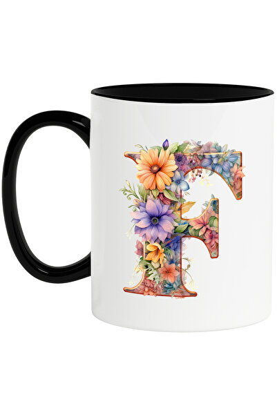 StoryGift Romania Cana cu litera "F", ilustratie, pentru copii, scoala, elev, flori, abecedar, alf, Cu Maner Negru