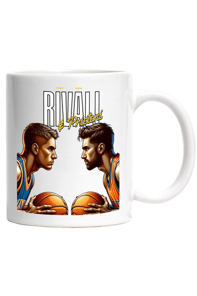 StoryGift Romania Cana rival si iubitor prieten sport baschet meci, 330ml, Ceramic cu Maner Alb, Cu Maner Alb