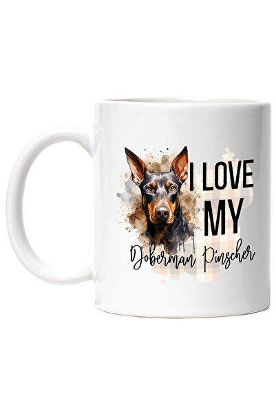StoryGift Romania Cana cu mesajul "I love my Doberman Pinscher", caine, animal de companie, ilustr, Cu Maner Alb