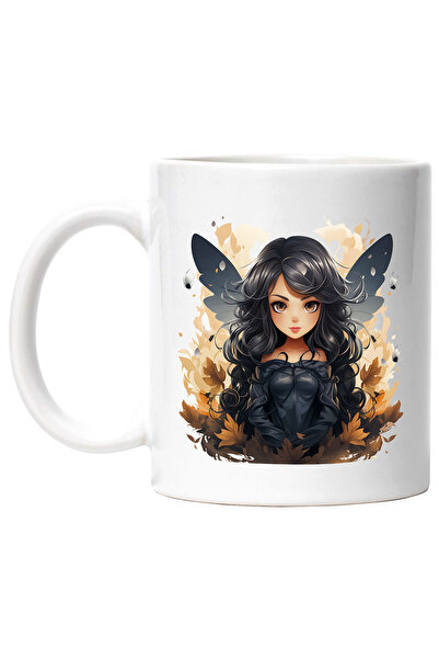 StoryGift Romania Cana cu o fata draguta, ilustratie, aripi negre, rochie neagra, frunze care cad,, Cu Maner Alb