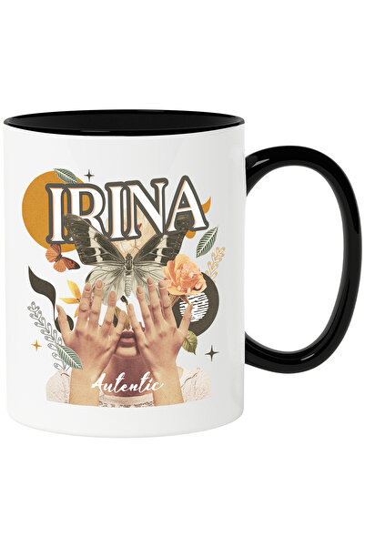 StoryGift Romania Mug With Name Irina, Girl Collage, Butterfly, Flowers, Circ...