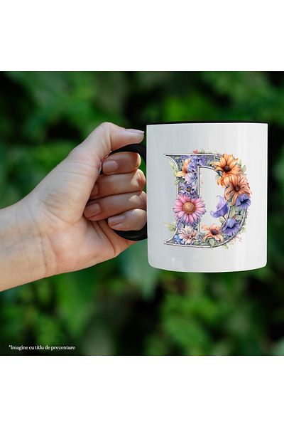 StoryGift Romania Cana cu litera "D", ilustratie, pentru copii, scoala, elev, flori, invata, scris, Cu Maner Negru