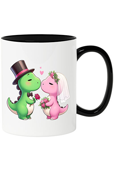 StoryGift Romania Cana cu 2 dinozauri la nunta | roz | verde | inimioare | buchet cu trandafiri | , Cu Maner Negru