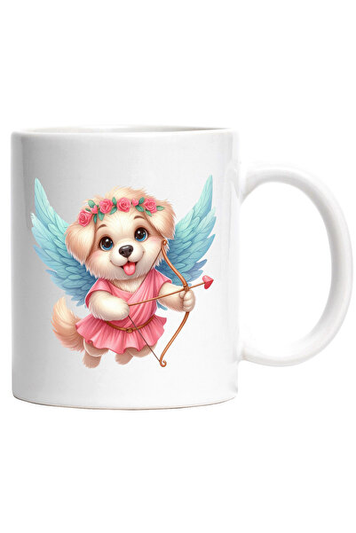 StoryGift Romania Cana cu o catelusa vesela Cupidon care trage cu arcul | ilustratie | aripi | zbo, Cu Maner Alb