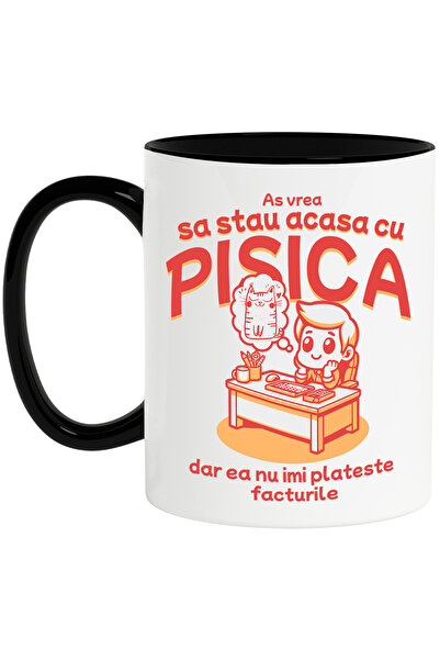 StoryGift Romania Cana Baiat stand la birou cu gandul la pisica, 330ml, Ceram...