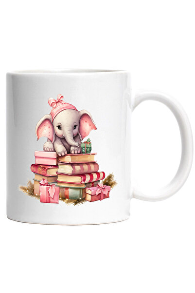 StoryGift Romania Cana cu un pui de elefant care sta pe niste teancuri cu carti | ilustratie | cad, Cu Maner Alb