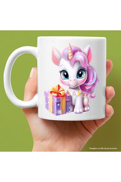 StoryGift Romania Cana cu un unicorn vesel | ilustratie | bucurie | cadou | de ziua lui | aniversa, Cu Maner Alb