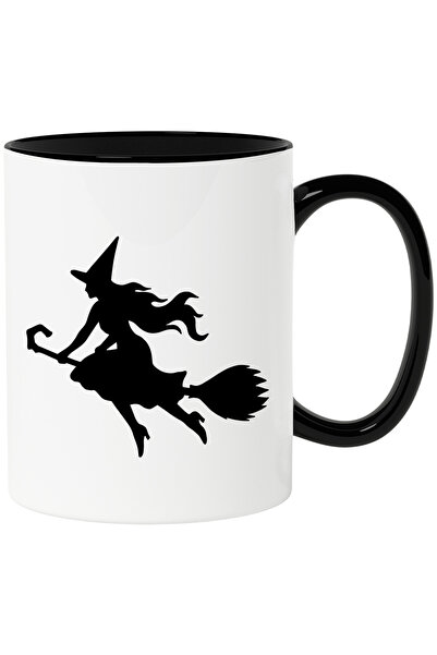 StoryGift Romania Mug with a witch flying on a broomstick with a black handle...