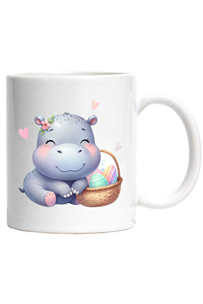 StoryGift Romania Mug with a baby hippo standing next to a basket of painted ...