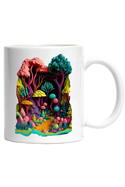 StoryGift Romania Cana Cu Padure Fantastica, Ciuperci, Culori stridente, Magie,Ceramica, 330ml, cu, Cu Maner Alb