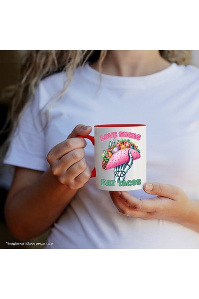 StoryGift Romania Mug with taco held by a skeleton with the message "Love sucks, eat tacos", food, love, With ,STG