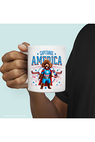 StoryGift Romania Mug with Poodle / Poodle Dog in Captain America Costume with Cape, Night Hero, with White Handle