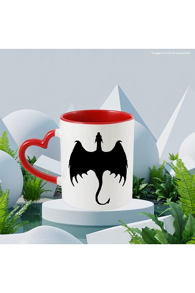 StoryGift Romania Cana cu un dragon din povesti - creatura mitica cu Maner Inima Rosie, Cu Maner Inima Rosie