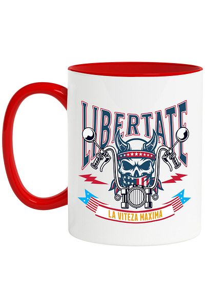 StoryGift Romania Cana cu Craniu Uman Cu Coarne Si Bandana America Motocicleta Hobby Pasiune Vitez, Cu Maner Rosu