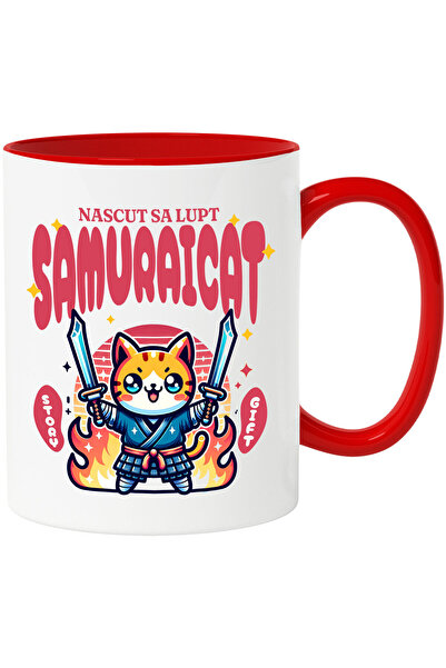 StoryGift Romania Cana cu Pisica Portocalie Cu Costum Samurai Sabii Ninja Text Nascut Sa Lupt Samu, Cu Maner Rosu