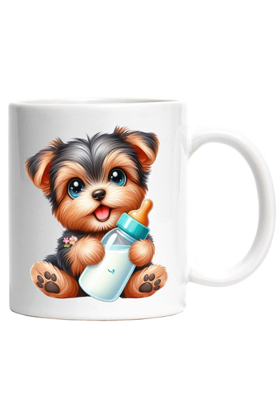 StoryGift Romania Cana cu un catel vesel blanos care tine un biberon cu lapte | de talie mica | fe, Cu Maner Alb