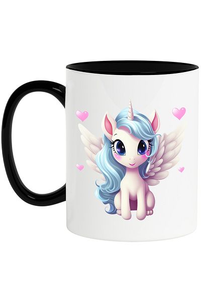 StoryGift Romania Cana cu un unicorn vesel | ilustratie | imbujorata | aripi | coama lunga albastr, Cu Maner Negru