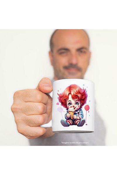 StoryGift Romania Cana cu o fetita clovn | ilustratie joker | are o inghetata | desert | pete de c, Cu Maner Alb