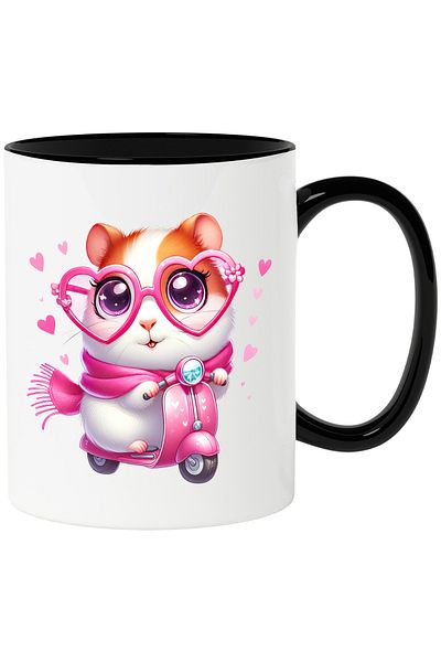 StoryGift Romania Mug with a female hamster riding a scooter | illustration | hearts | scarf, With Black Handle