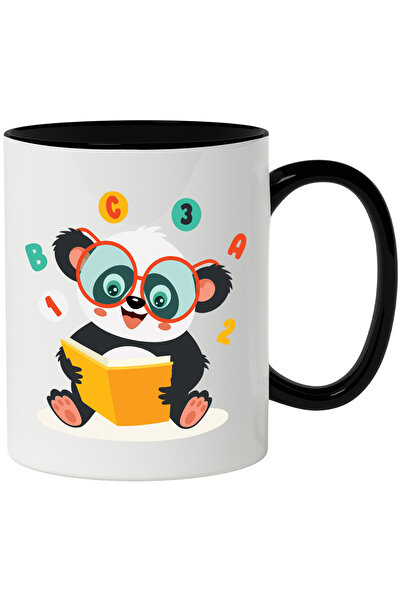 StoryGift Romania Cana Cu Urs Panda, Ochelari, Carte, Cifre, Litere, Educatie, Citit, Multicolor 3, Cu Maner Negru
