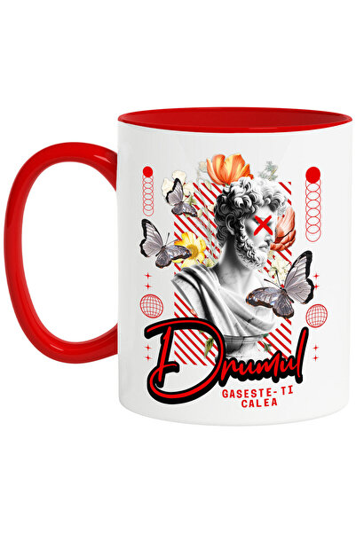 StoryGift Romania Cana cu Statuie Umana Bust Barbatesc Fluturi Flori Colorate Text Drumul Gaseste-, Cu Maner Rosu