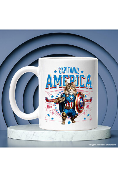 StoryGift Romania Maine Coon Cat Mug in Captain America Costume with Cape, Night Hero, with White Handle