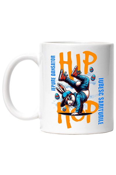 StoryGift Romania Cana Iepure facand breakdance Paste haios , 330ml, Ceramic cu Maner Alb, Cu Maner Alb