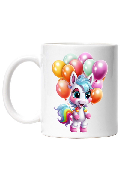 StoryGift Romania Cana cu un unicorn bucuros | ilustratie | multe baloane colorate legate de el | , Cu Maner Alb