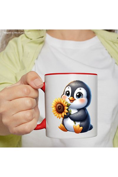 StoryGift Romania Mug with a cheerful penguin holding a flower | illustration | sunflower | fe, Cu,STG